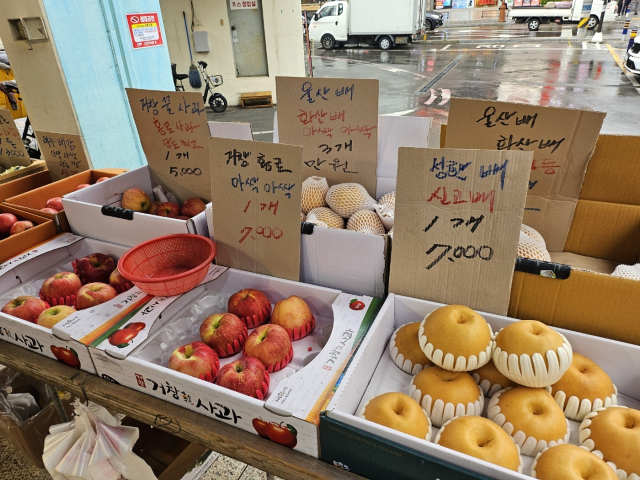 26일 창원 성산구 상남시장에 위치한 과일가게 매대에 대표 제수용 과일인 사과와 배가 진열되어 있다.