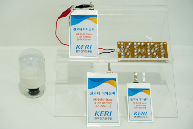 한국전기연구원 습식 합성 공정으로 제조된 고체전해질 분말(왼쪽)과 이를 활용한 전고체전지 시제품./전기연/
